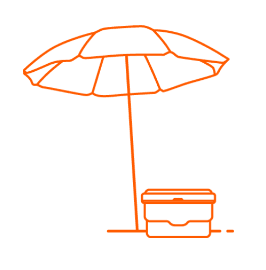 Orange umbrella and beach cooler line art illustration.