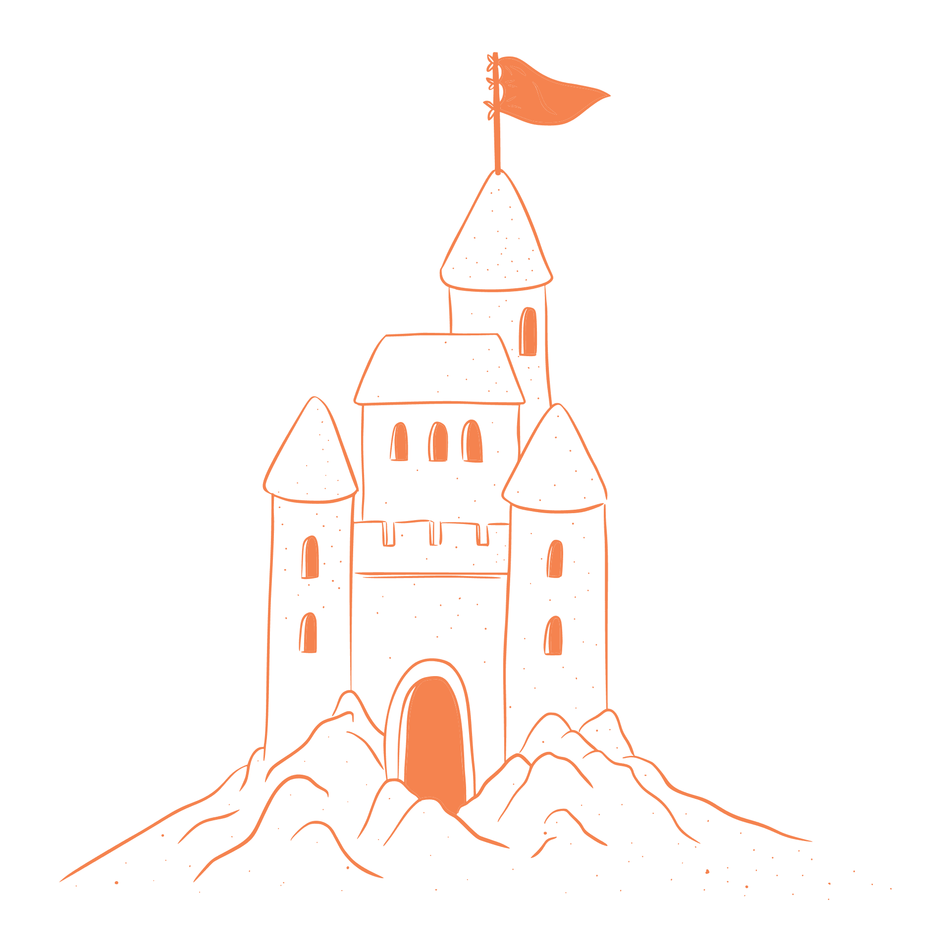 Orange castle on beach line art illustration.